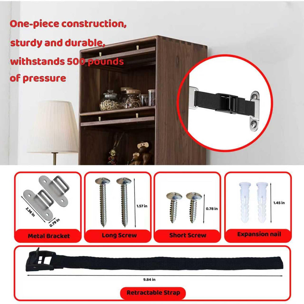 OKETHERMO anti-tip wall anchors securing a TV cabinet to the wall.