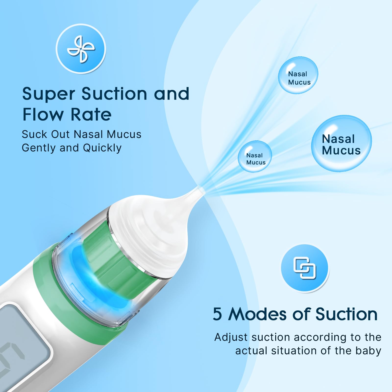 Okimos nasal aspirator with three silicone tips, soft material for gentle contact.