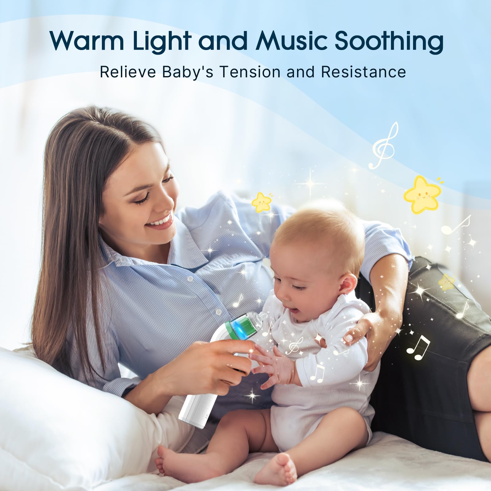 Okimos nasal aspirator for baby, shows five suction levels for adaptable use.