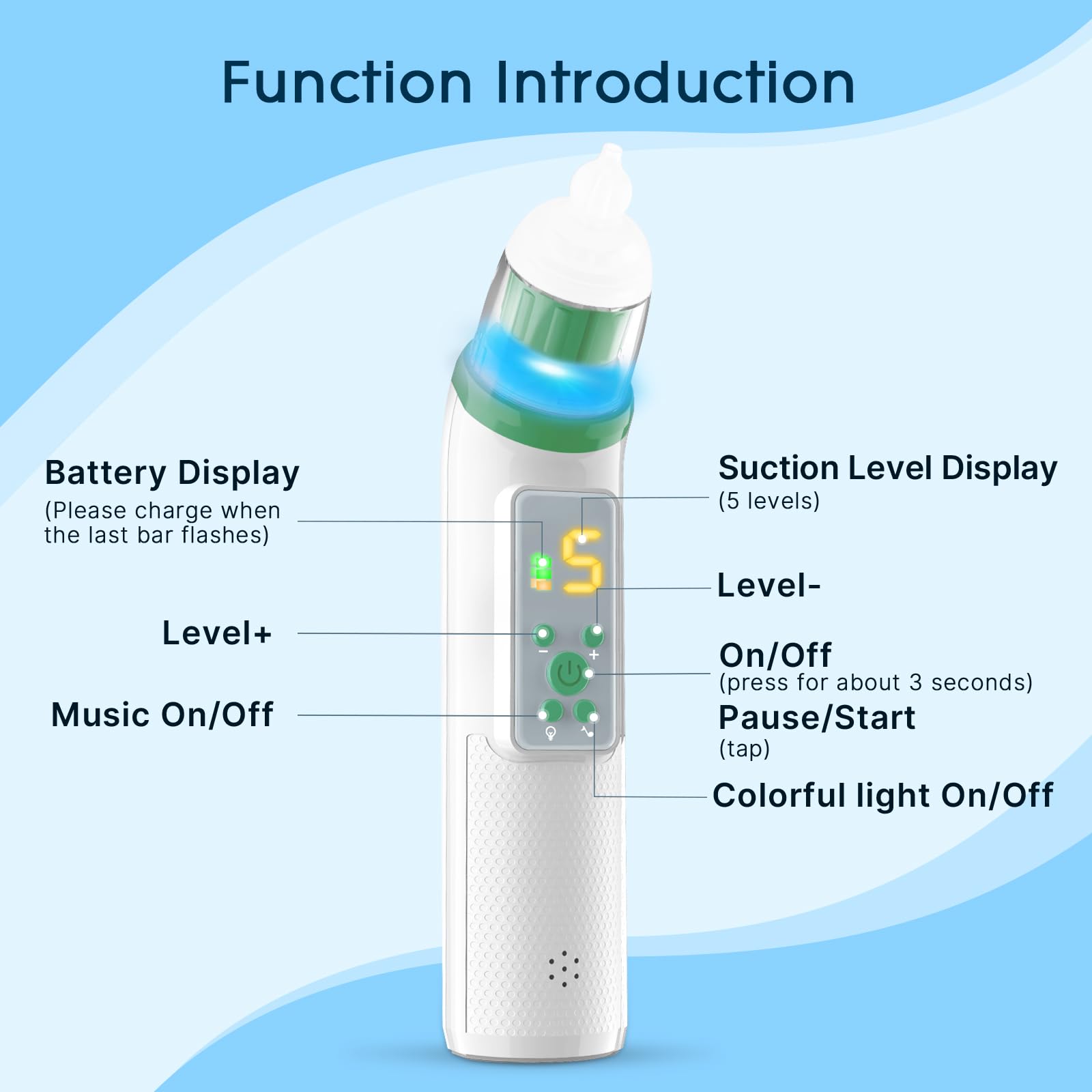 Okimos rechargeable nose sucker with long runtime and USB charging convenience.