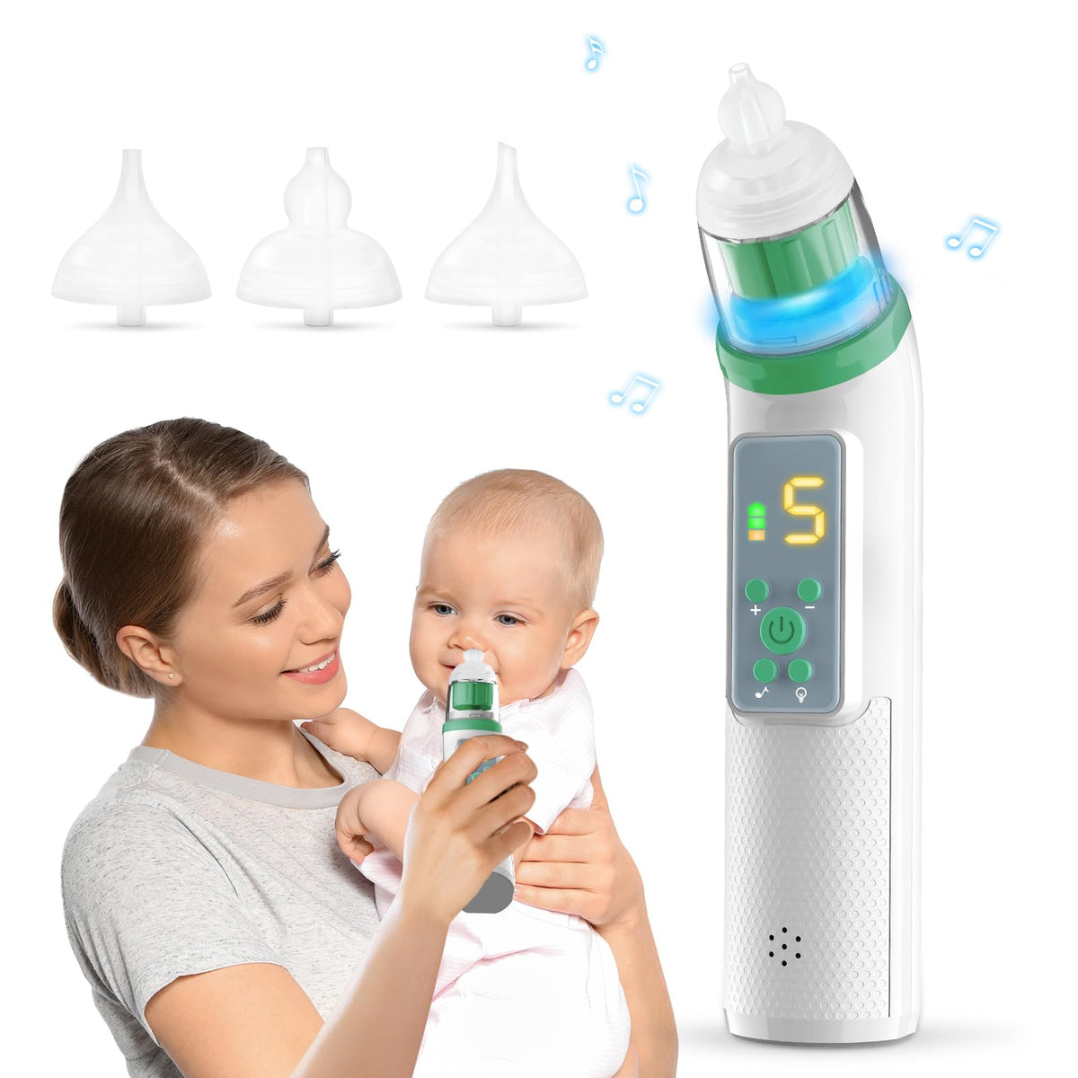 Okimos nasal aspirator for baby, front view, compact and gentle for quick relief.