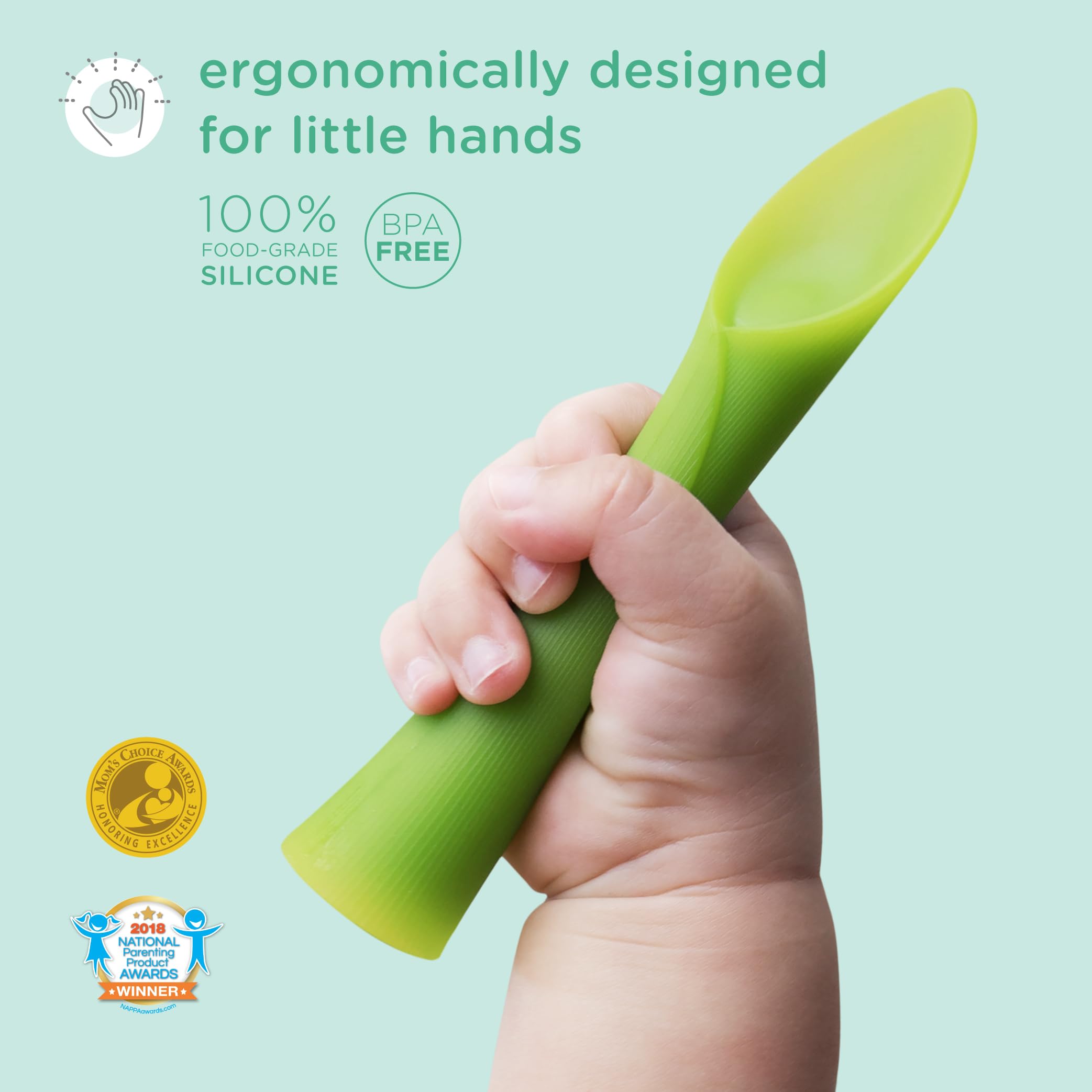 Olababy Blueberry soft-tip spoon promotes controlled scooping.