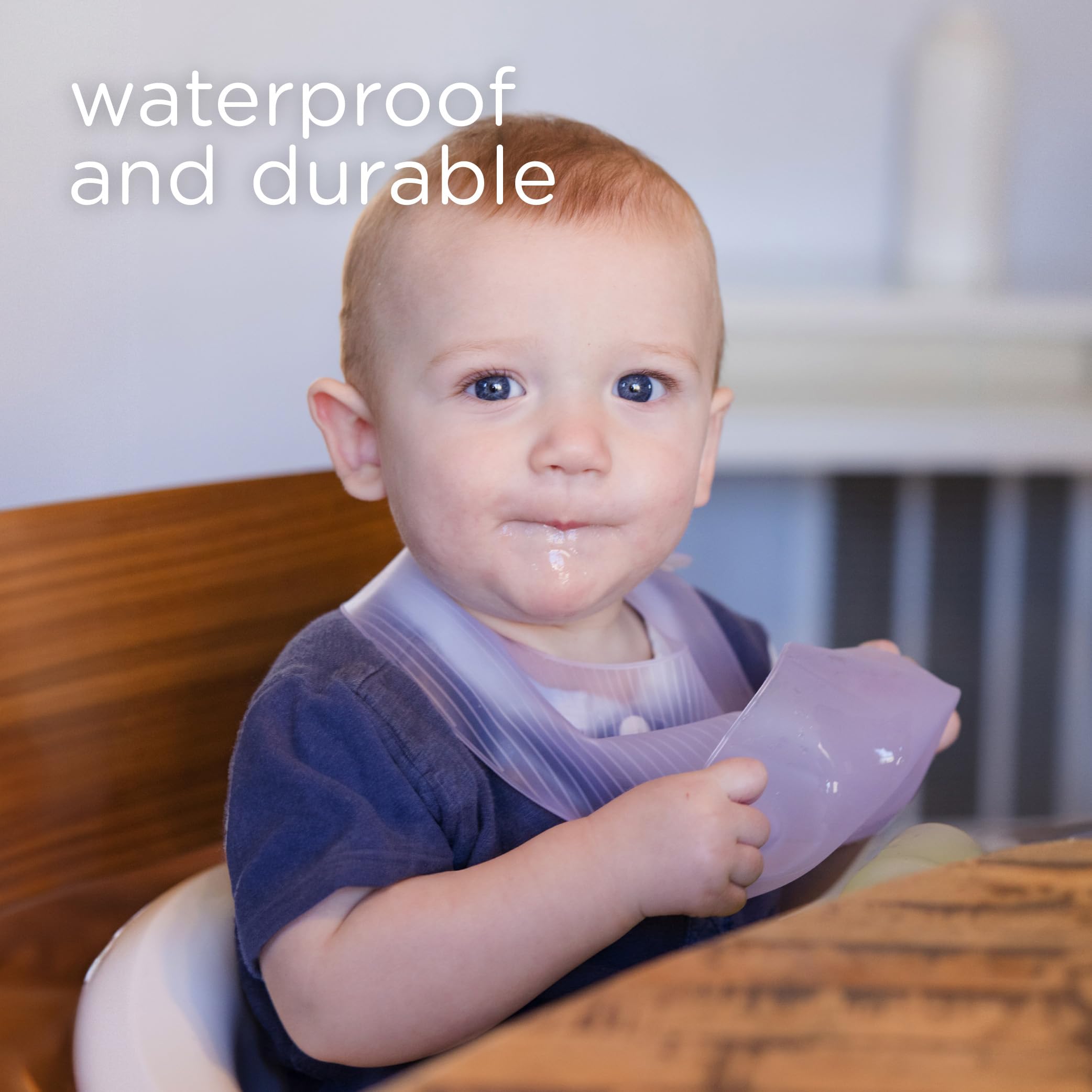 Olababy Fold N Go bib is waterproof with a deep pocket to catch spills.