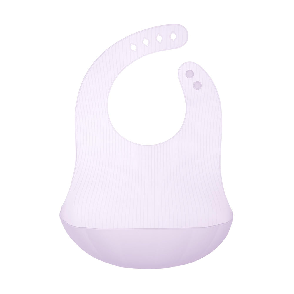Olababy Fold N Go lilac silicone bib, waterproof and protective for outfits during meals.