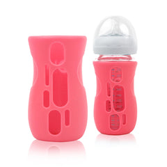 Olababy silicone sleeve on Avent 8 oz glass bottle, pink, protects during daily use.