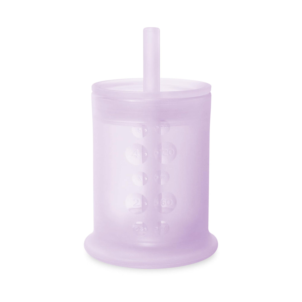 Olababy lilac silicone training cup with straw lid supports independent drinking.