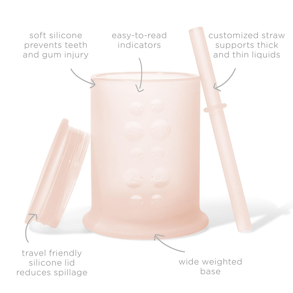 Olababy coral cup with straw lid, ideal for 6+ month transitions.