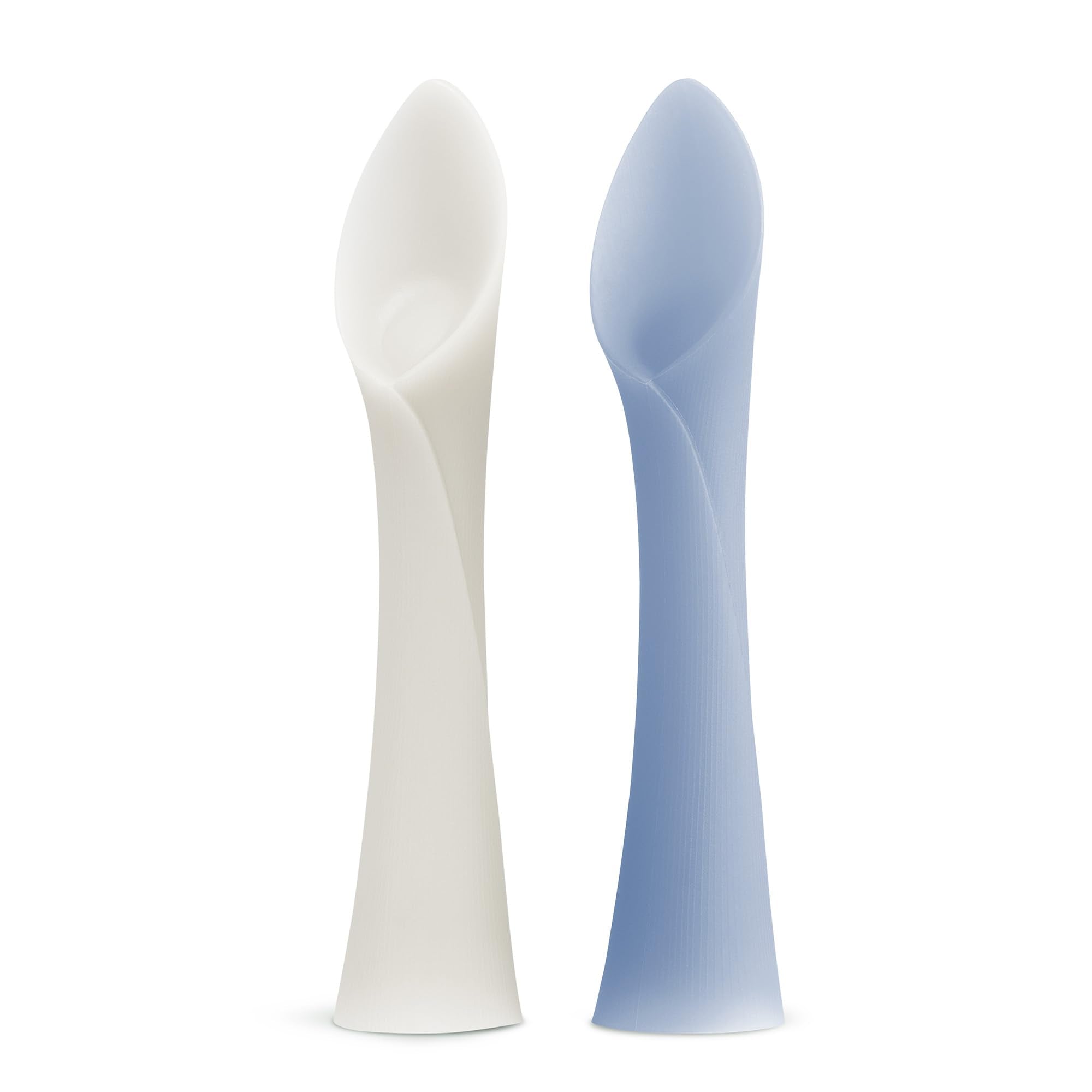 Olababy soft-tip training spoon in pearl for gentle gum-safe self-feeding.