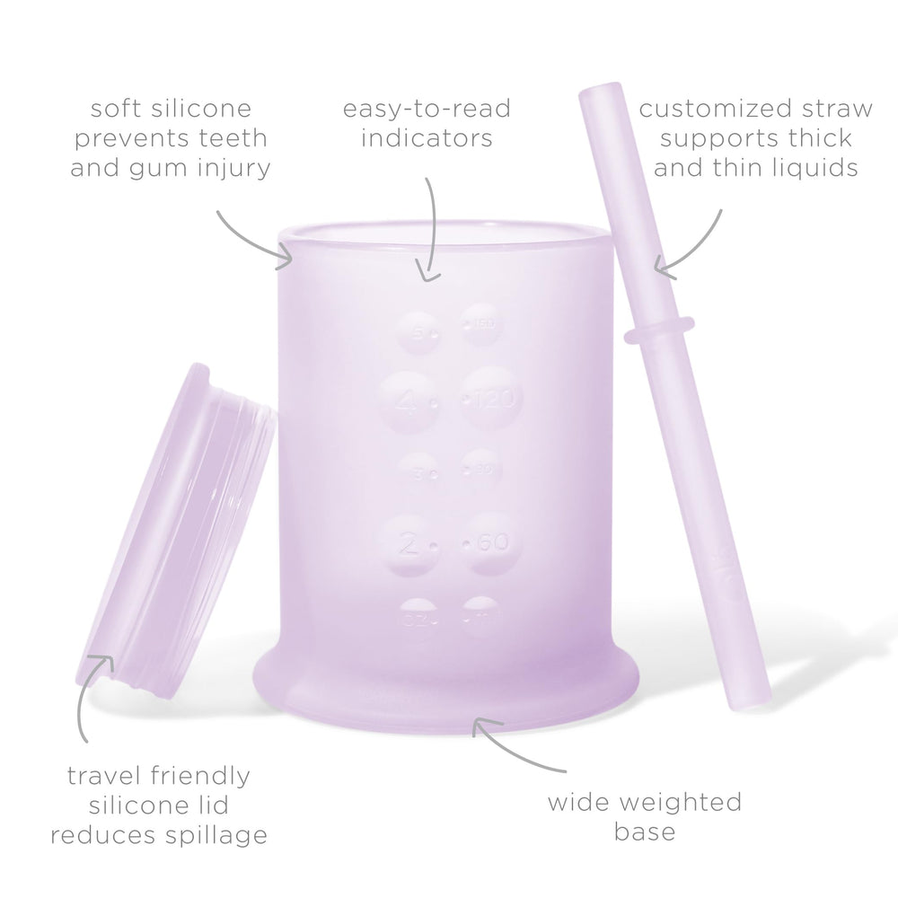 Olababy training cup with see-through indicator aids portion reading for caregivers.