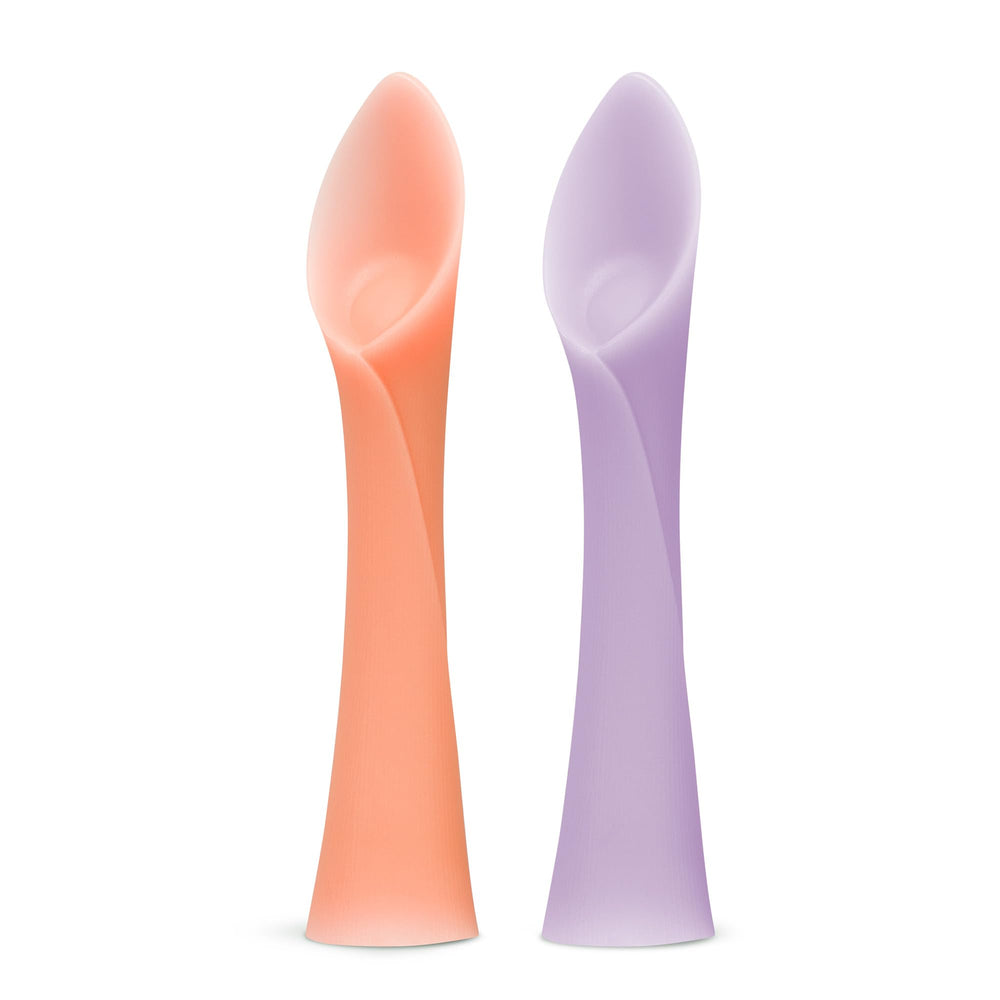 Olababy coral soft-tip training spoon, front view for gentle self-feeding.
