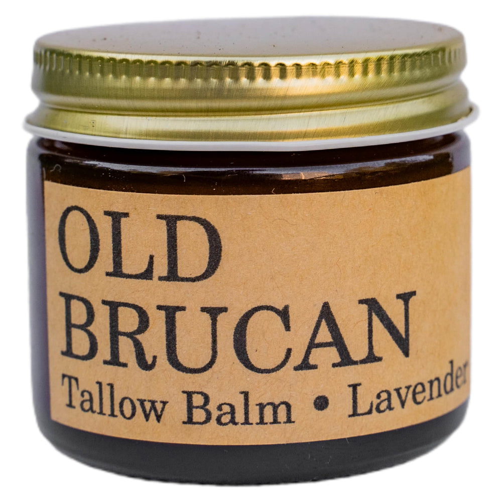 Old Brucan beef tallow balm jar with lavender for soothing dry skin.