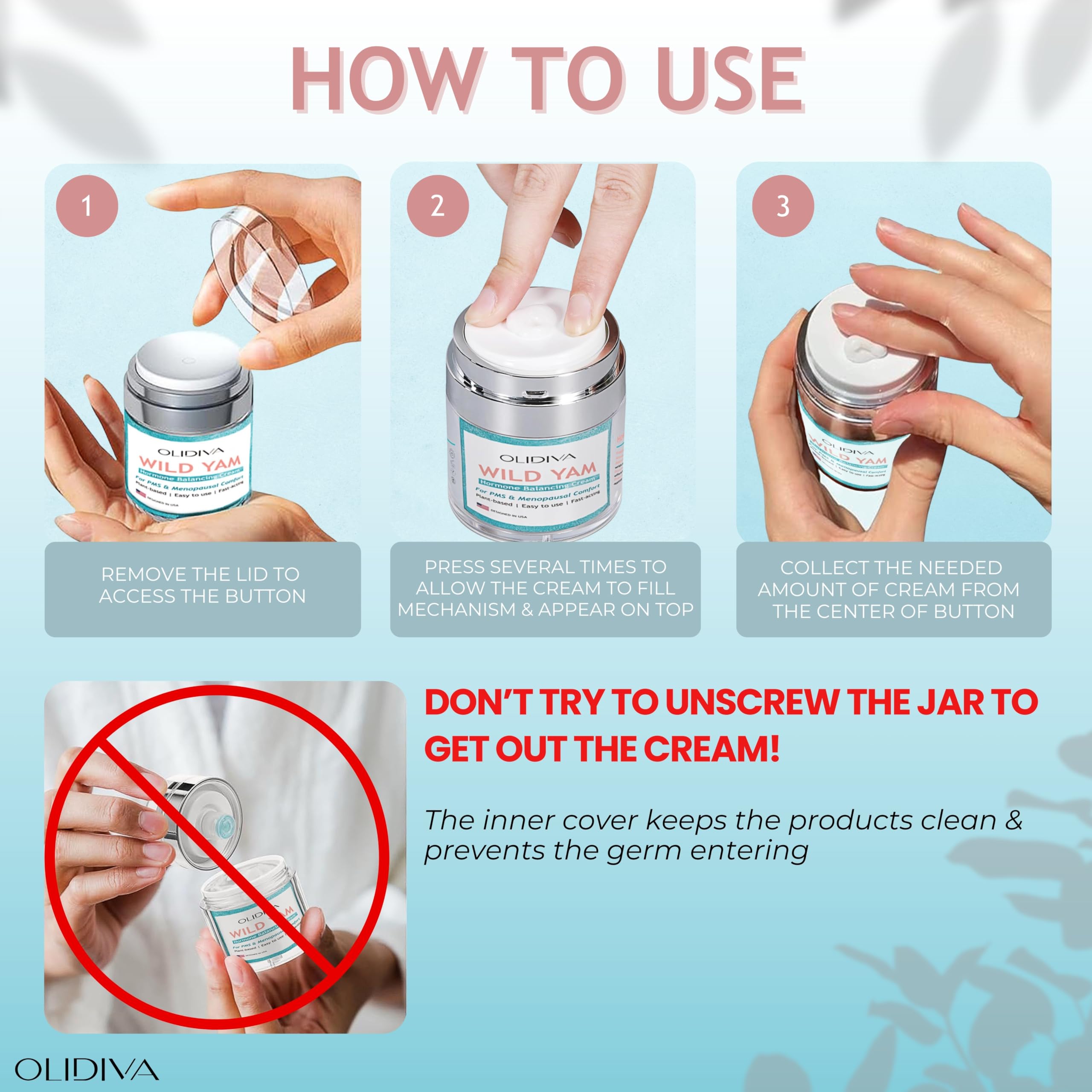 Olidiva Wild Yam Cream airless pump highlights freshness and reduced waste.