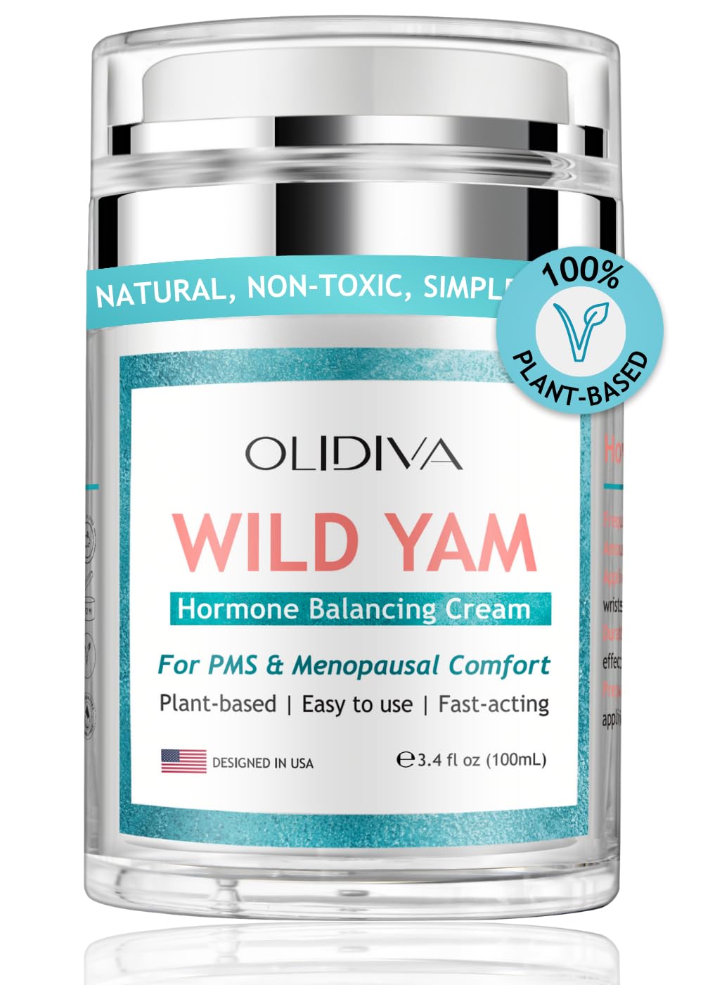 Olidiva Wild Yam Cream bottle with pump for easy, mess-free daily application.