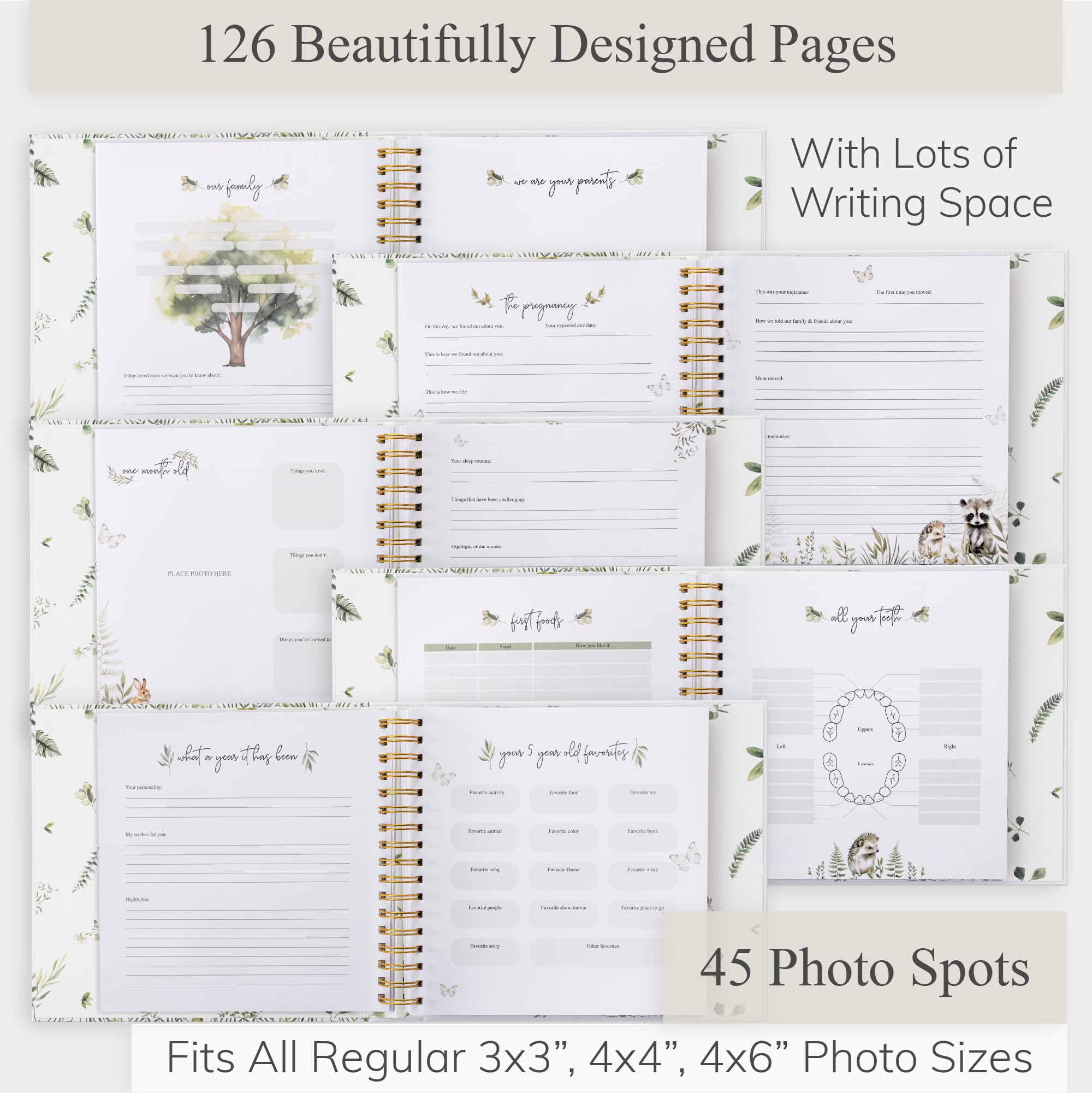 Olive & Lark memory book with golden spiral binding for easy writing.