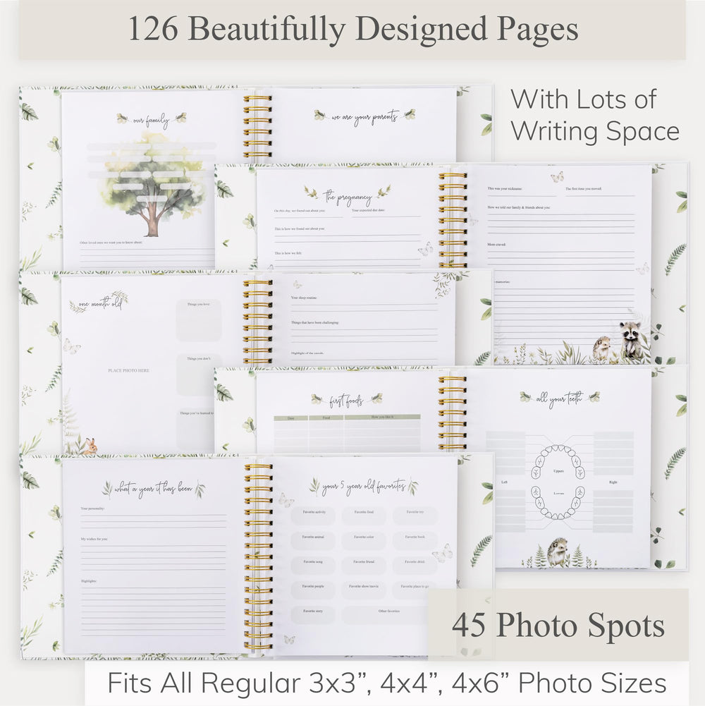 Olive & Lark memory book with golden spiral binding for easy writing.