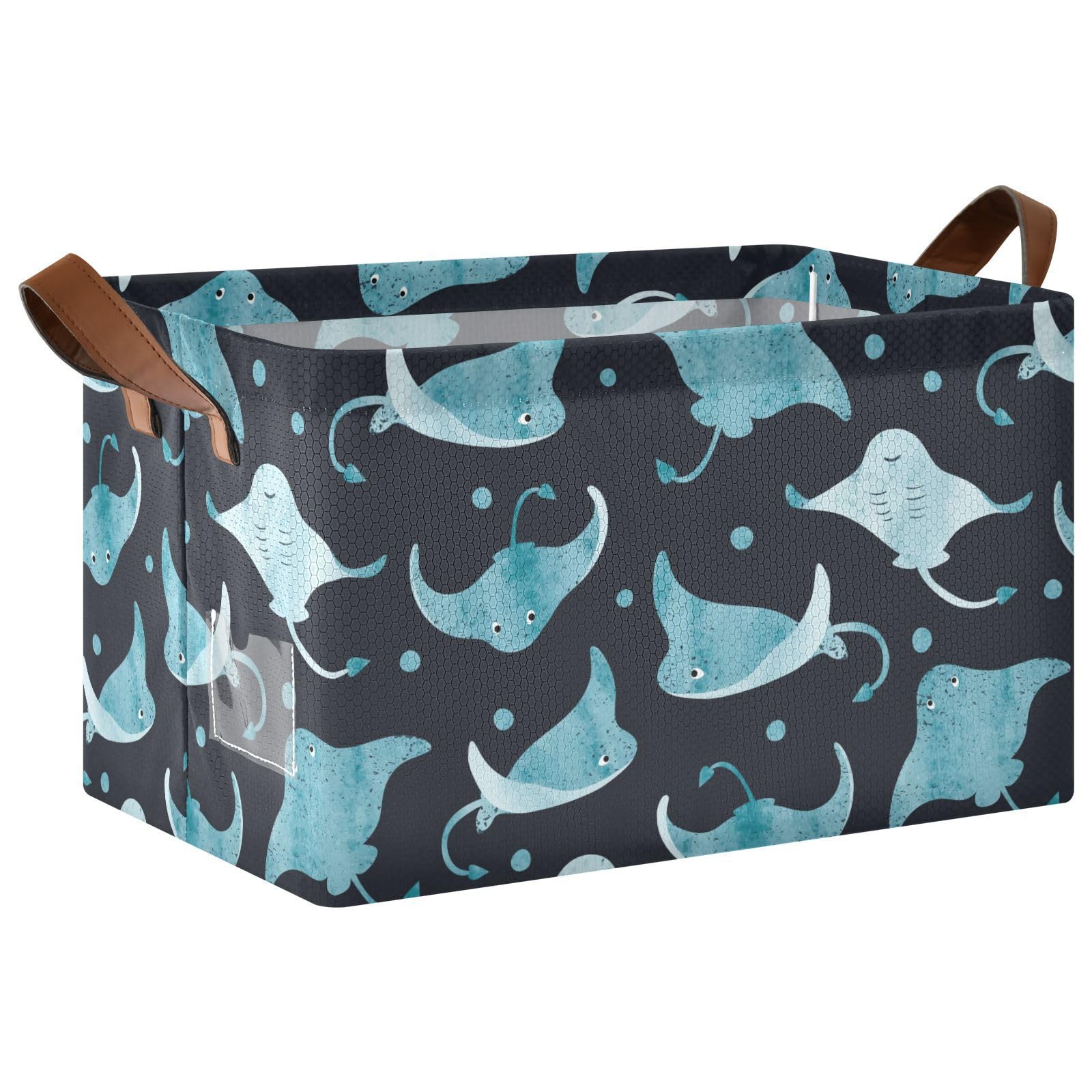 Ollabaky stingray-pattern storage bin in a closet, durable and collapsible.