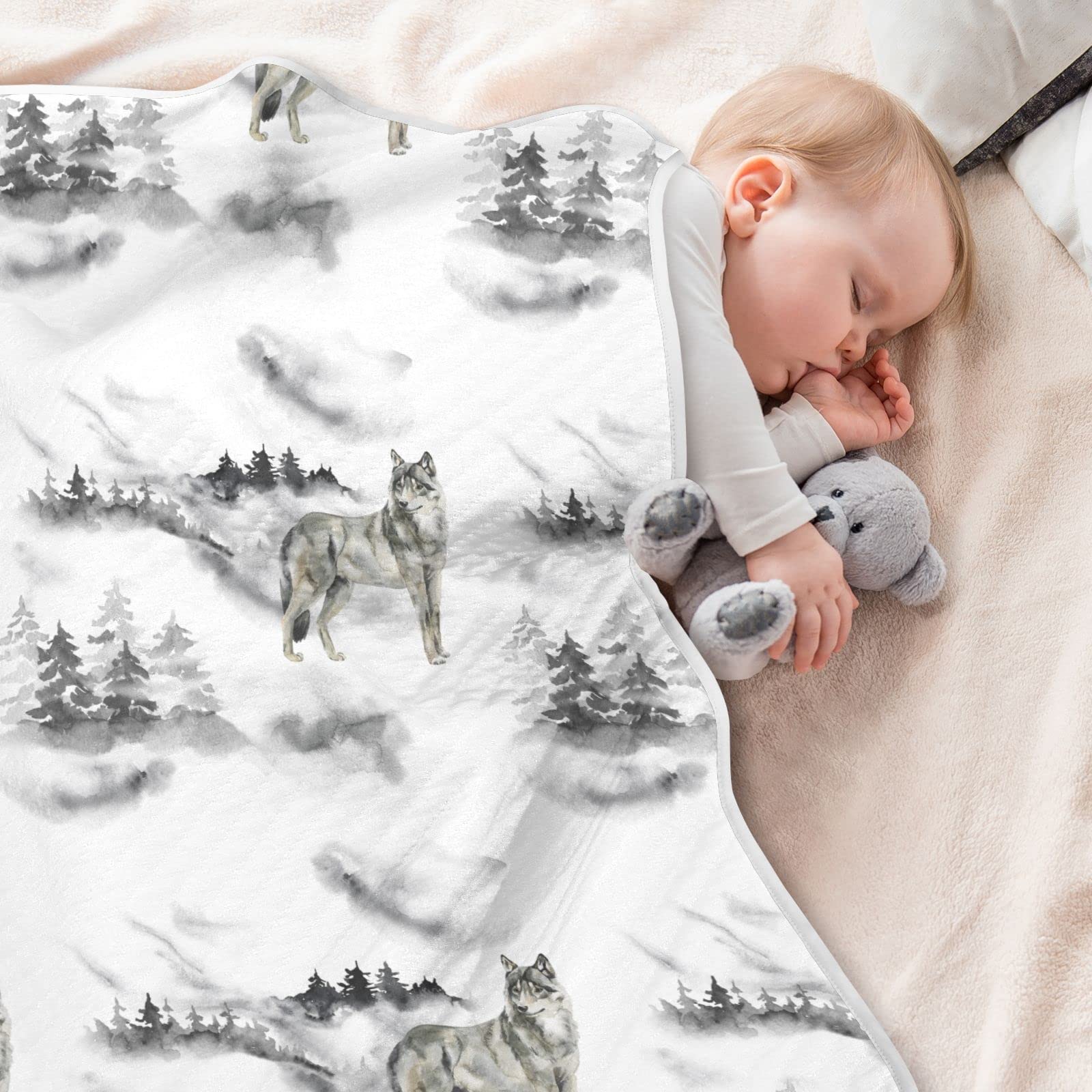 Ollabaky Forest Wolf blanket ready for swaddle and nap time