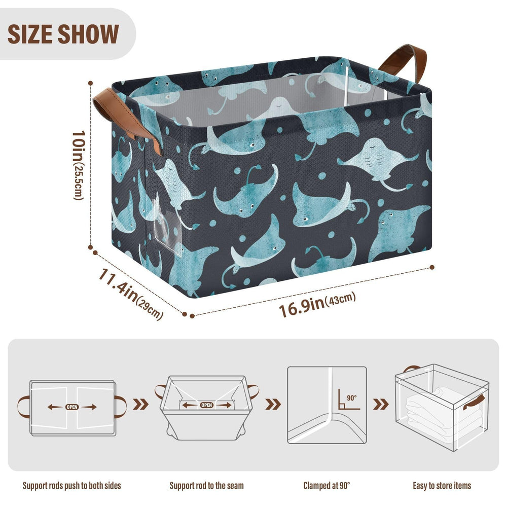 Ollabaky leather-handled storage bin with a sturdy base for easy shelf transport.