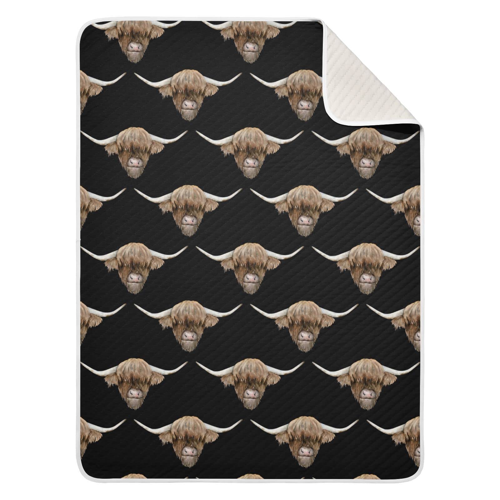 Ollabaky Scottish Highland Cow Head baby blanket on crib for cozy nights.