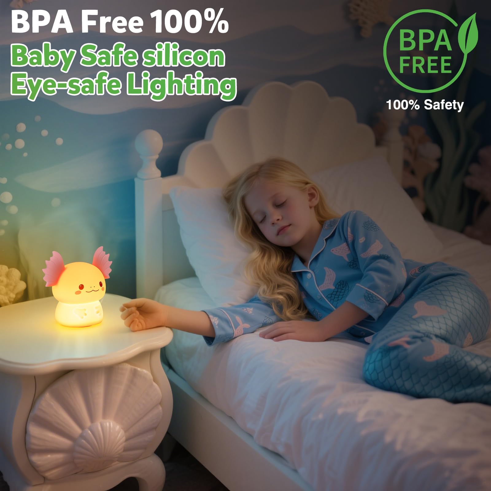 ollycasa axolotl night light resting on a bedside table with soft illumination.