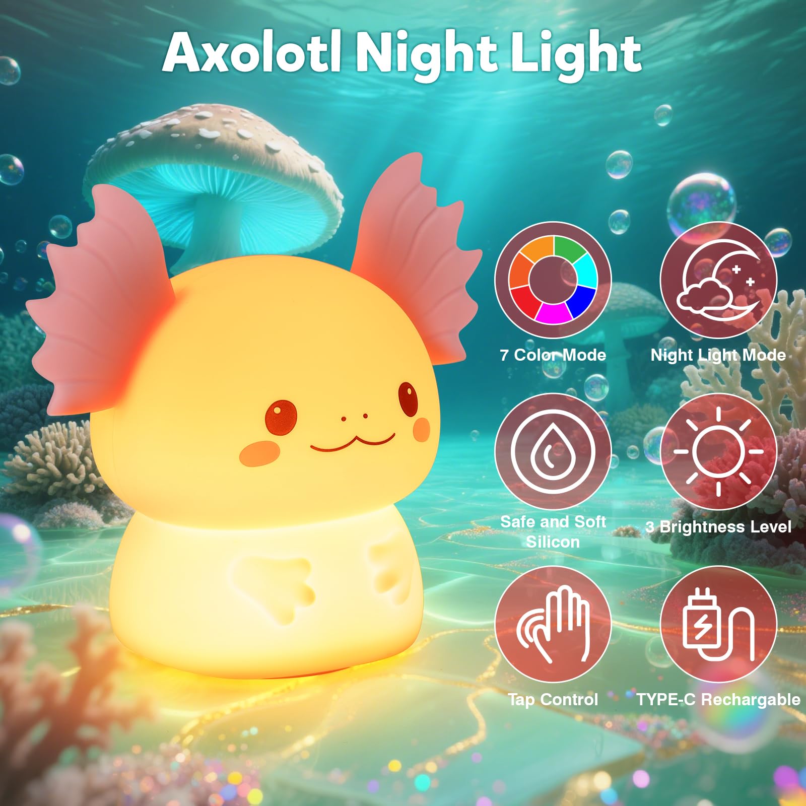 ollycasa axolotl night light offering colorful LED modes to entertain kids at night.