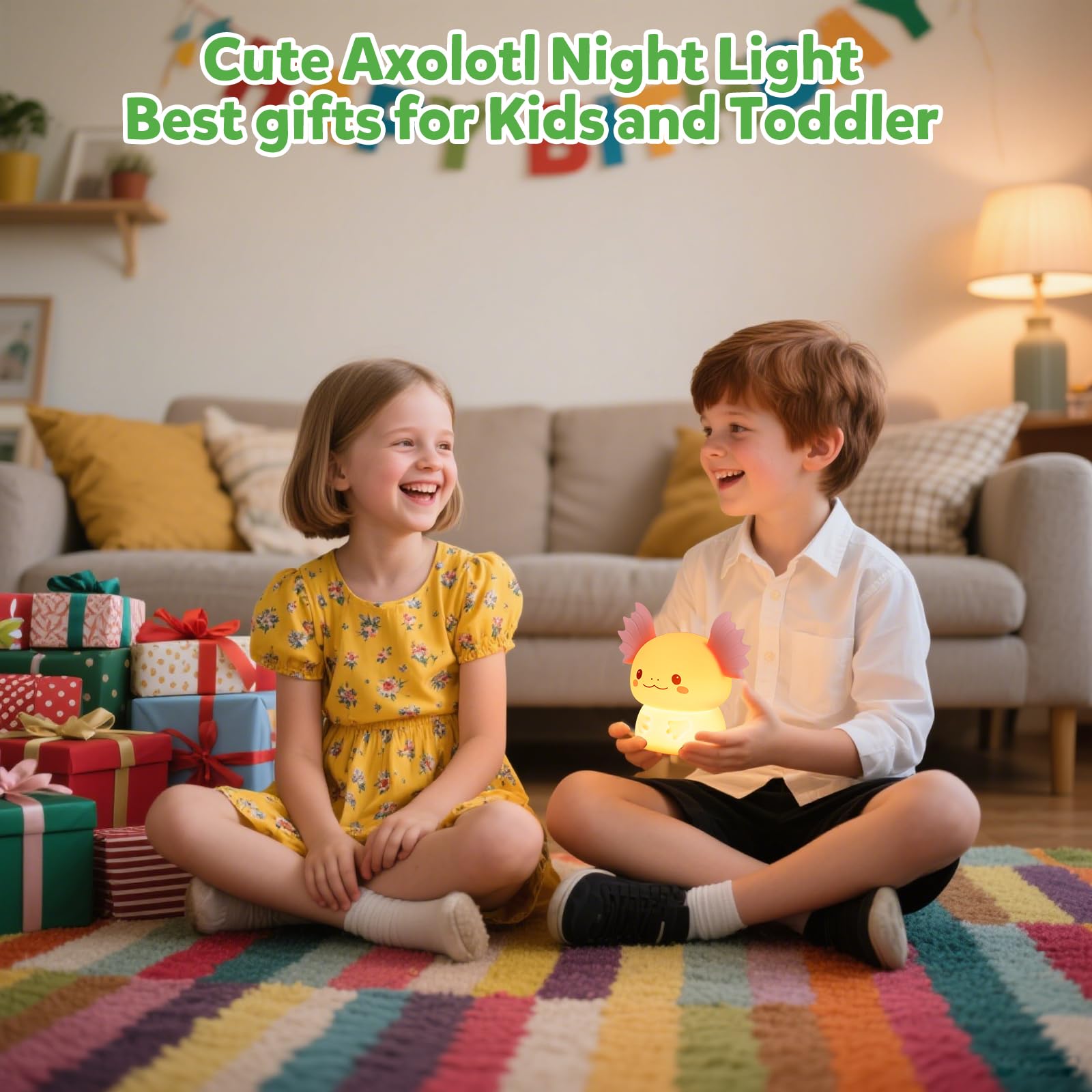 ollycasa axolotl night light showing three brightness levels for different moments.