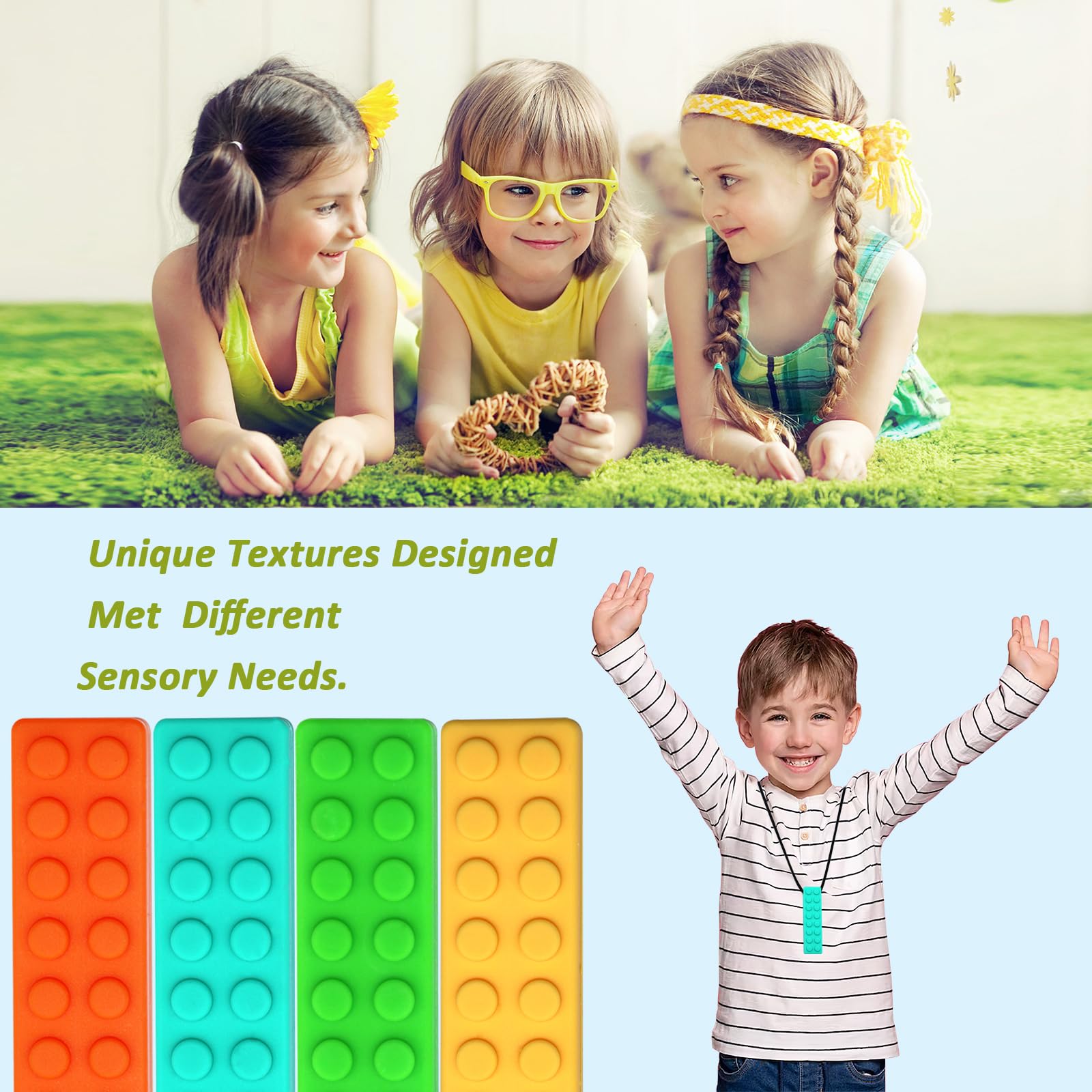 Olugu 7-pack silicone chew necklaces in vibrant colors.
