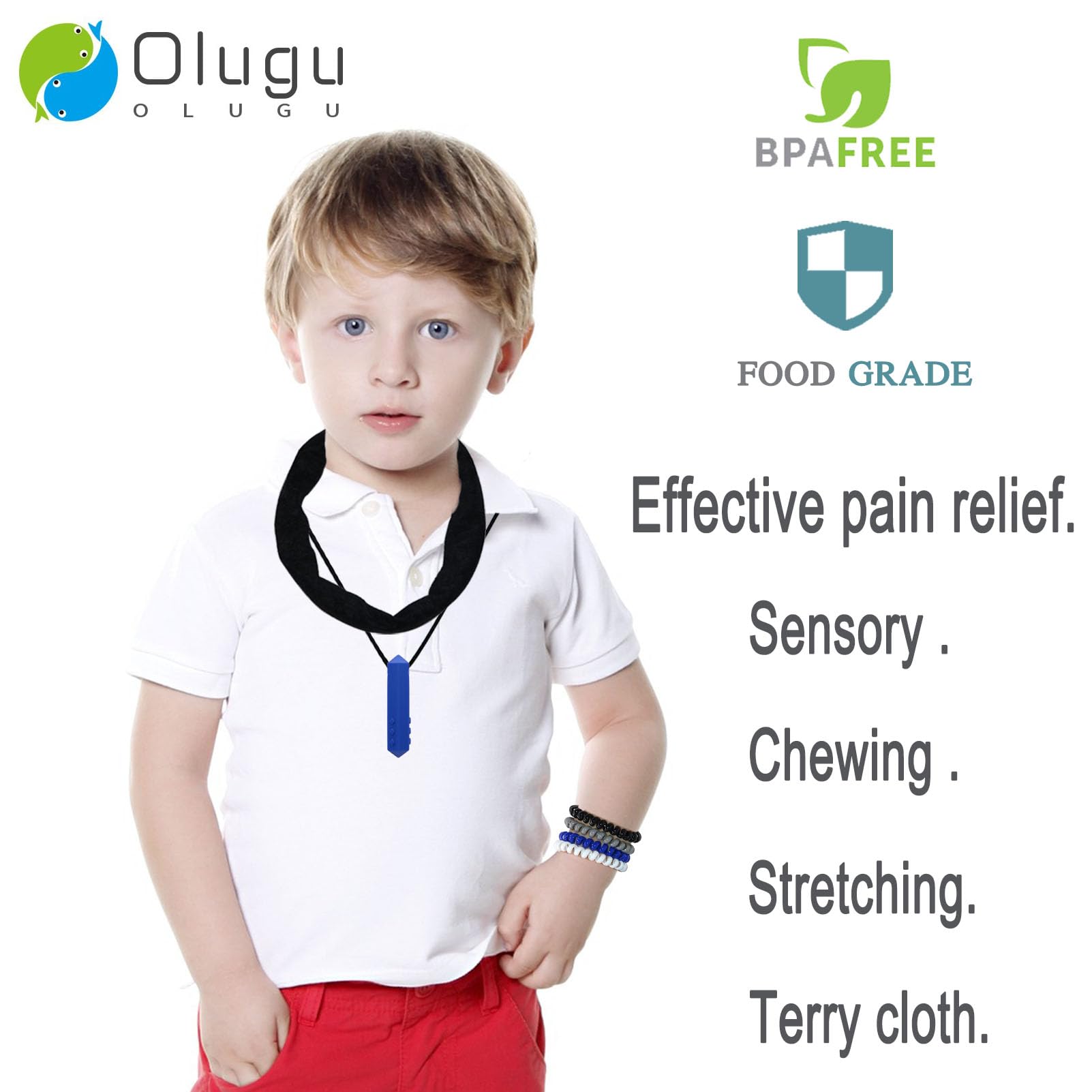 Olugu terry cloth chew necklace with soft texture for biting comfort