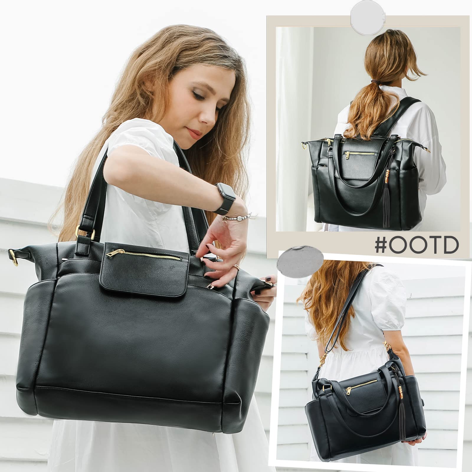 Omanmoli convertible diaper bag showing three wear options for versatility.