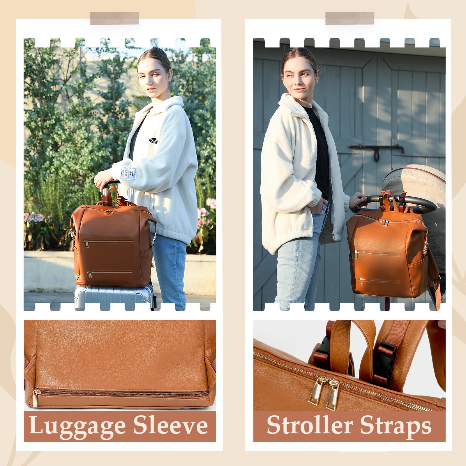 Omanmoli diaper bag backpack durable gold hardware adds upscale detail.