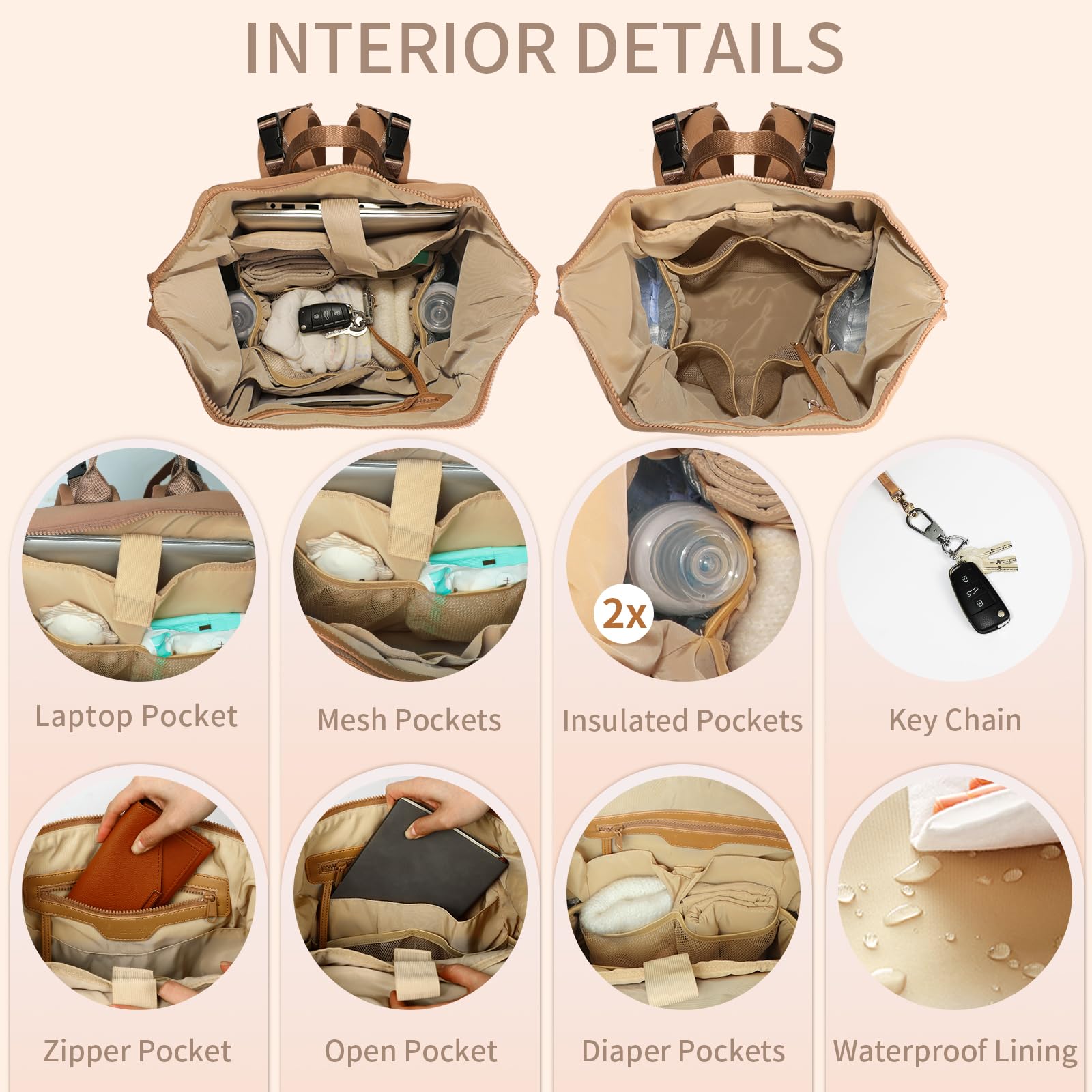 Omanmoli diaper bag backpack interior pockets neatly organizing diapers and clothes.
