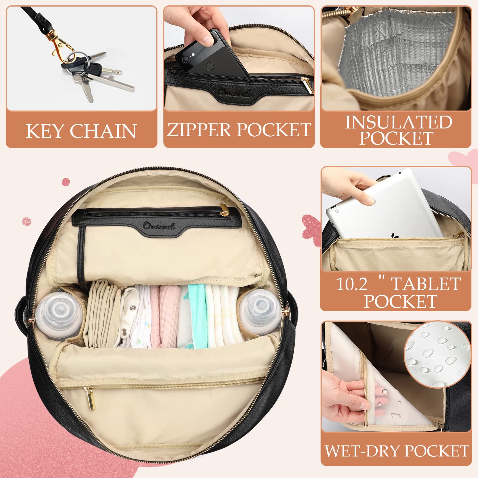 Omanmoli diaper bag insulated pockets keep milk and food at safe temperature.