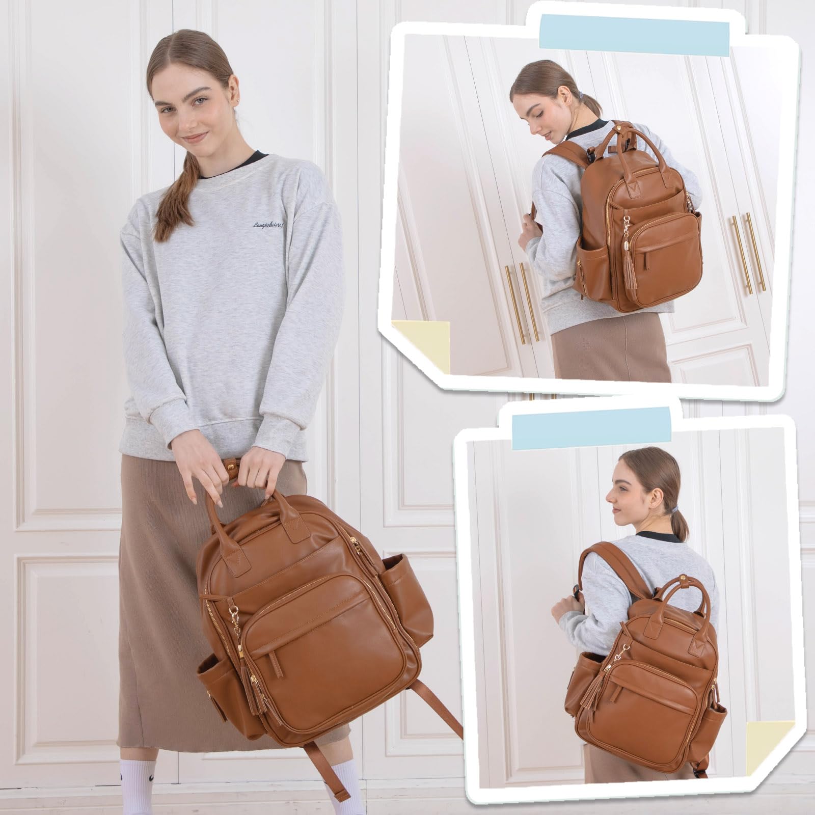 Omanmoli hardware detail on brown faux leather finish