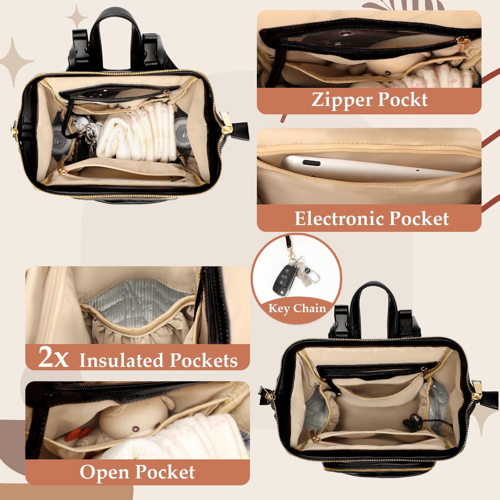 Omanmoli premium faux leather diaper bag with a sleek, durable exterior.