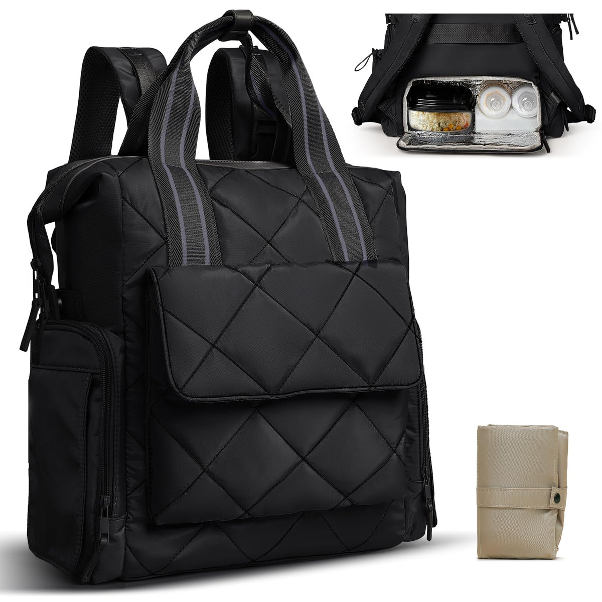 Omanmoli quilted diaper bag backpack front view with generous storage for busy mornings.