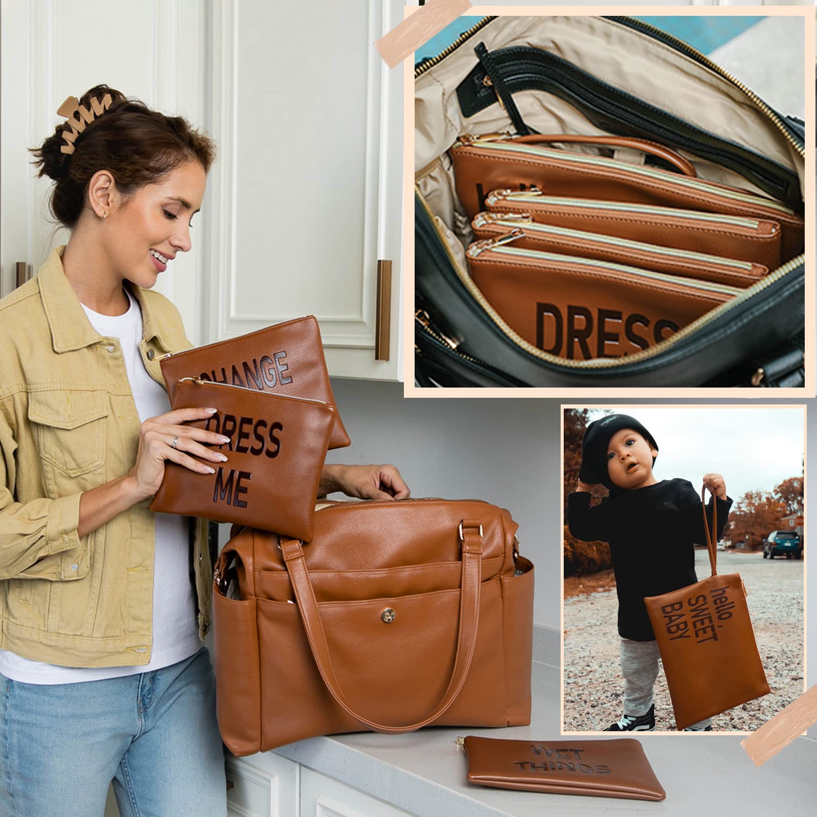 Omanmoli vegan leather diaper organizer in brown with durable hardware.