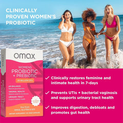 Omax3 cranberry extract probiotic bottle highlights cranberry support for urinary comfort.