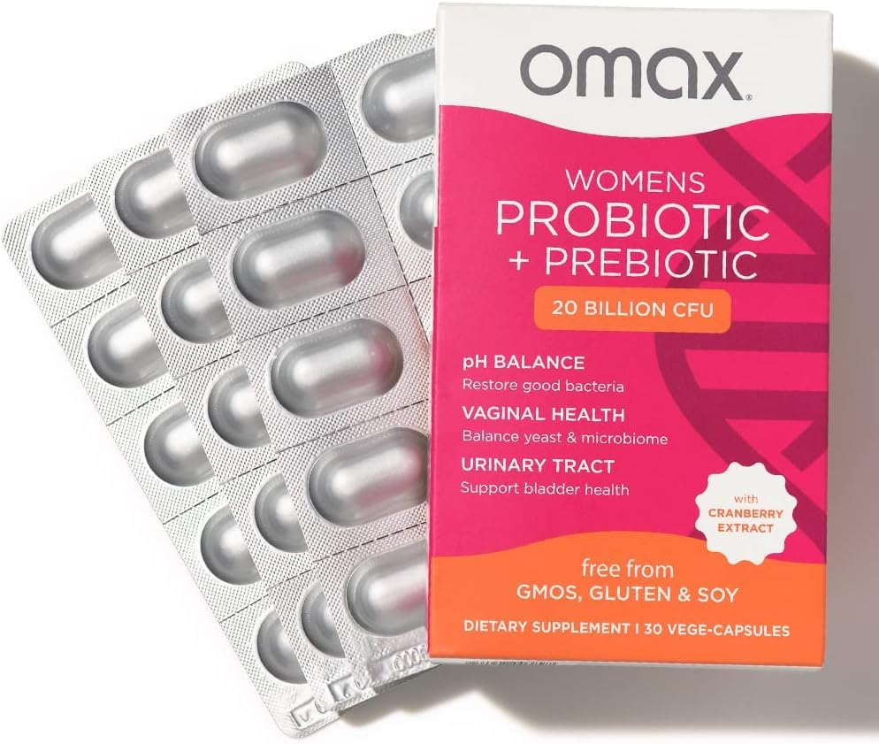 Omax3 women's probiotic duo box back with usage details for vaginal health.