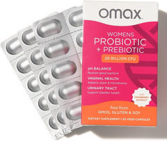 Omax3 women's probiotic duo box back with usage details for vaginal health.