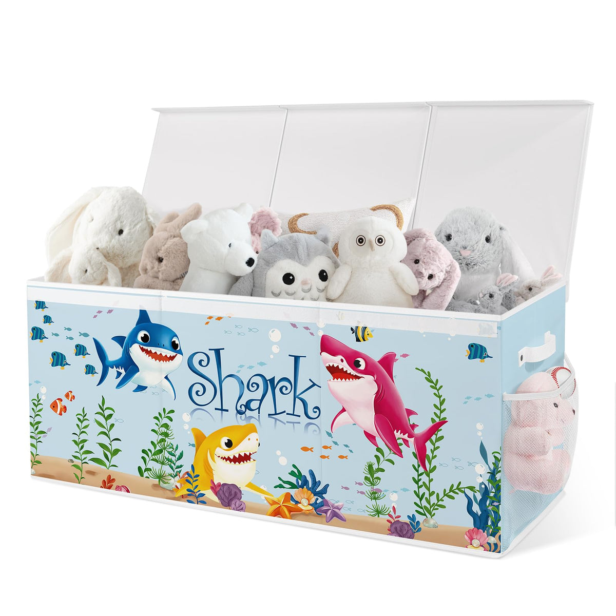 omedecal toy box sharks collapsible lid open, easy access for quick toy cleanup