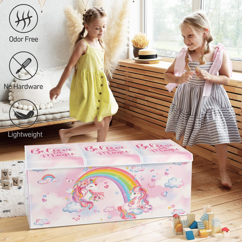 Omedecal toy box side mesh pockets keep small items handy.
