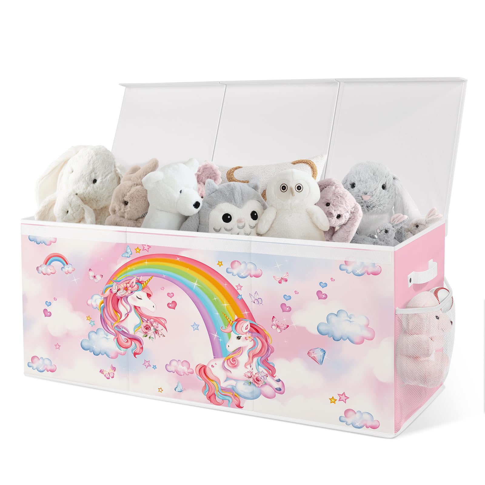 Omedecal unicorn rainbow toy box with lid in a playroom for easy toy storage.