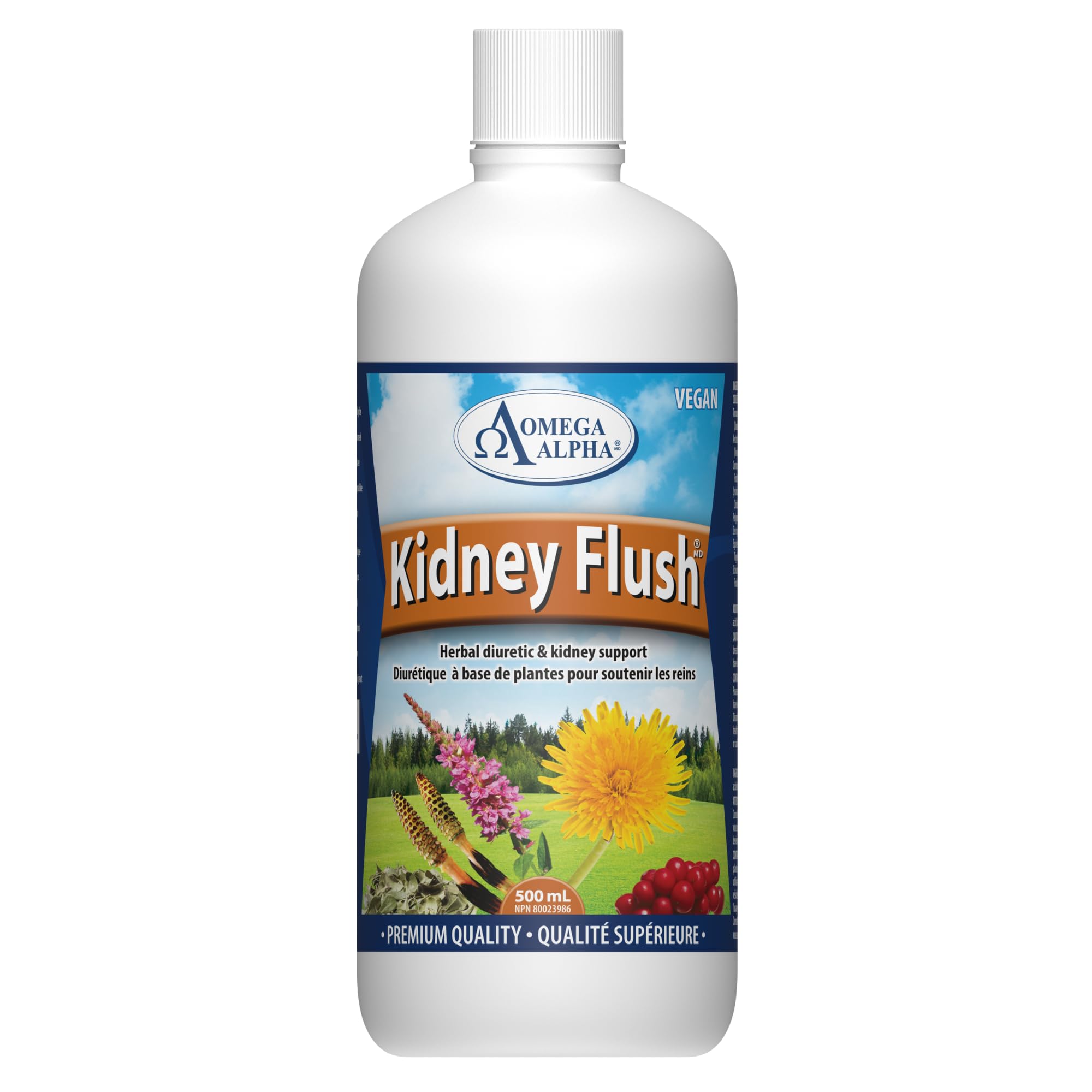 Omega Alpha Kidney Flush bottle front highlighting herbal blend for daily kidney support