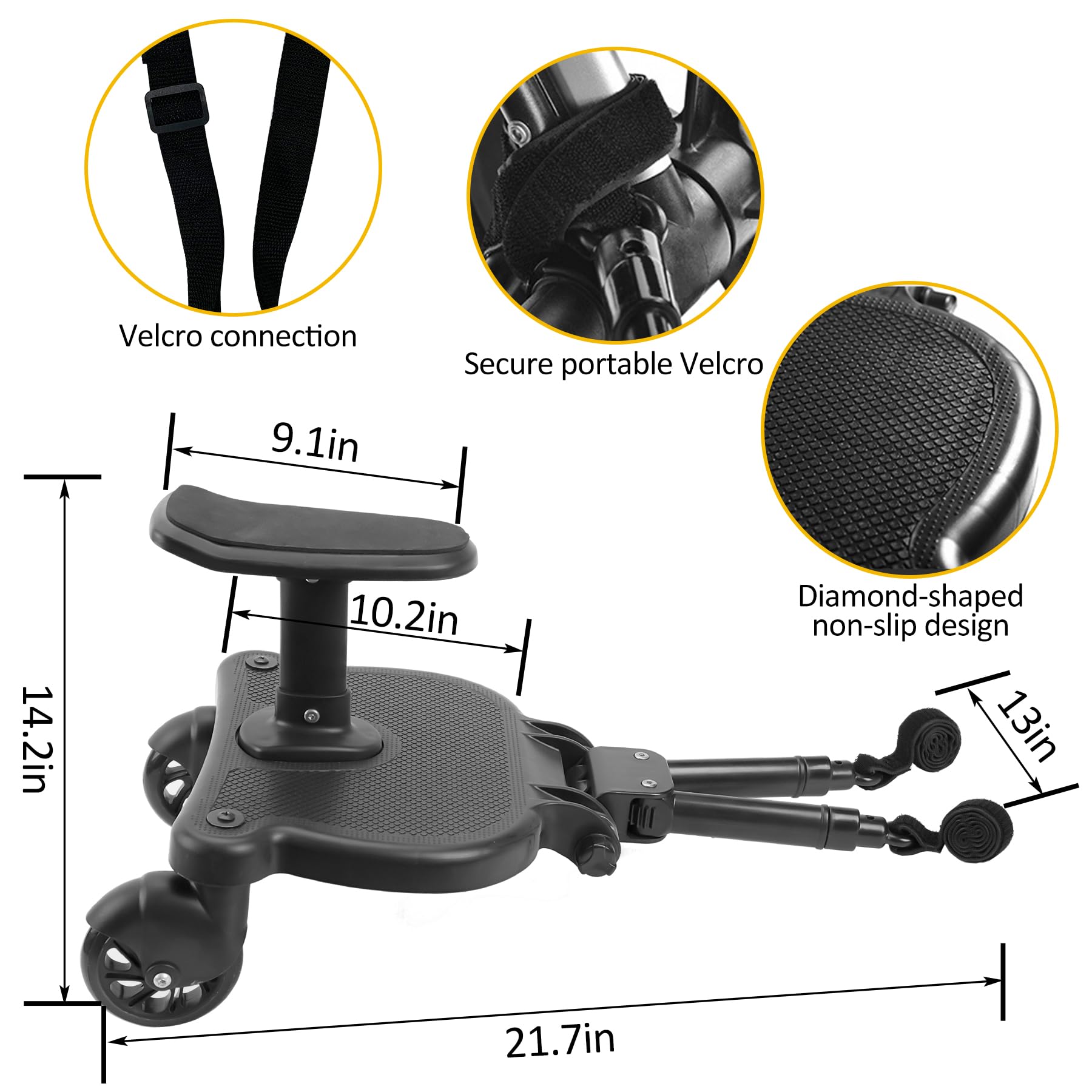 Removable seat on the stroller board enables fast sitting transitions