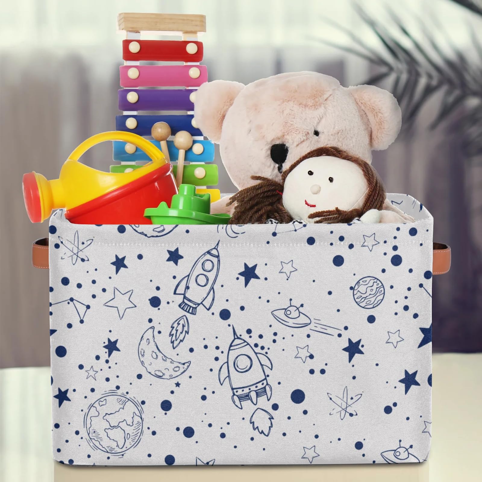 OMFUNS rectangle storage basket placed on a shelf in a closet or living space.