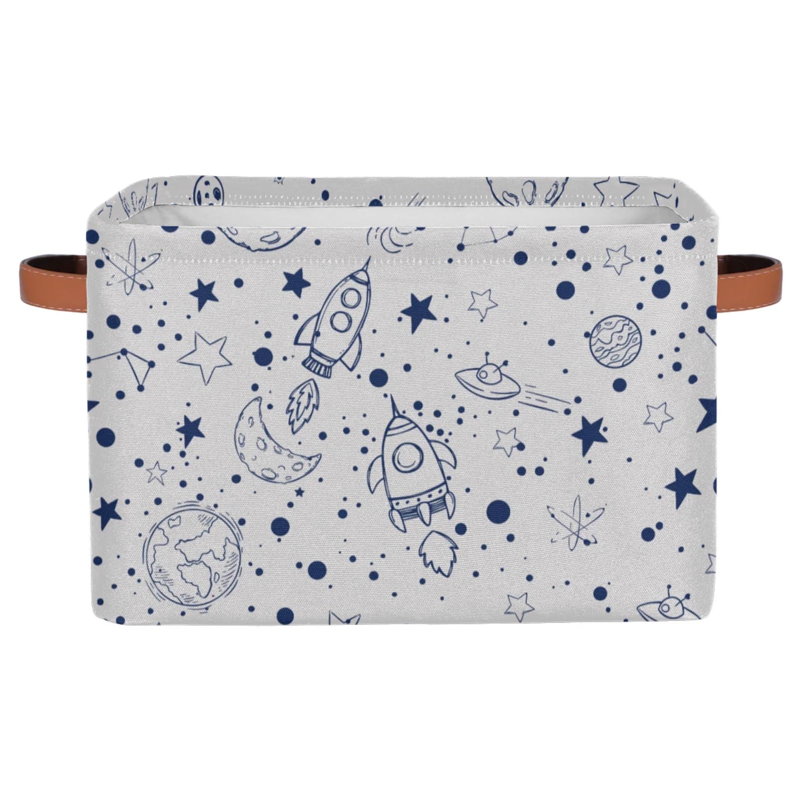 OMFUNS rectangle storage basket with thick polyester material and leather handles for sturdy organization.