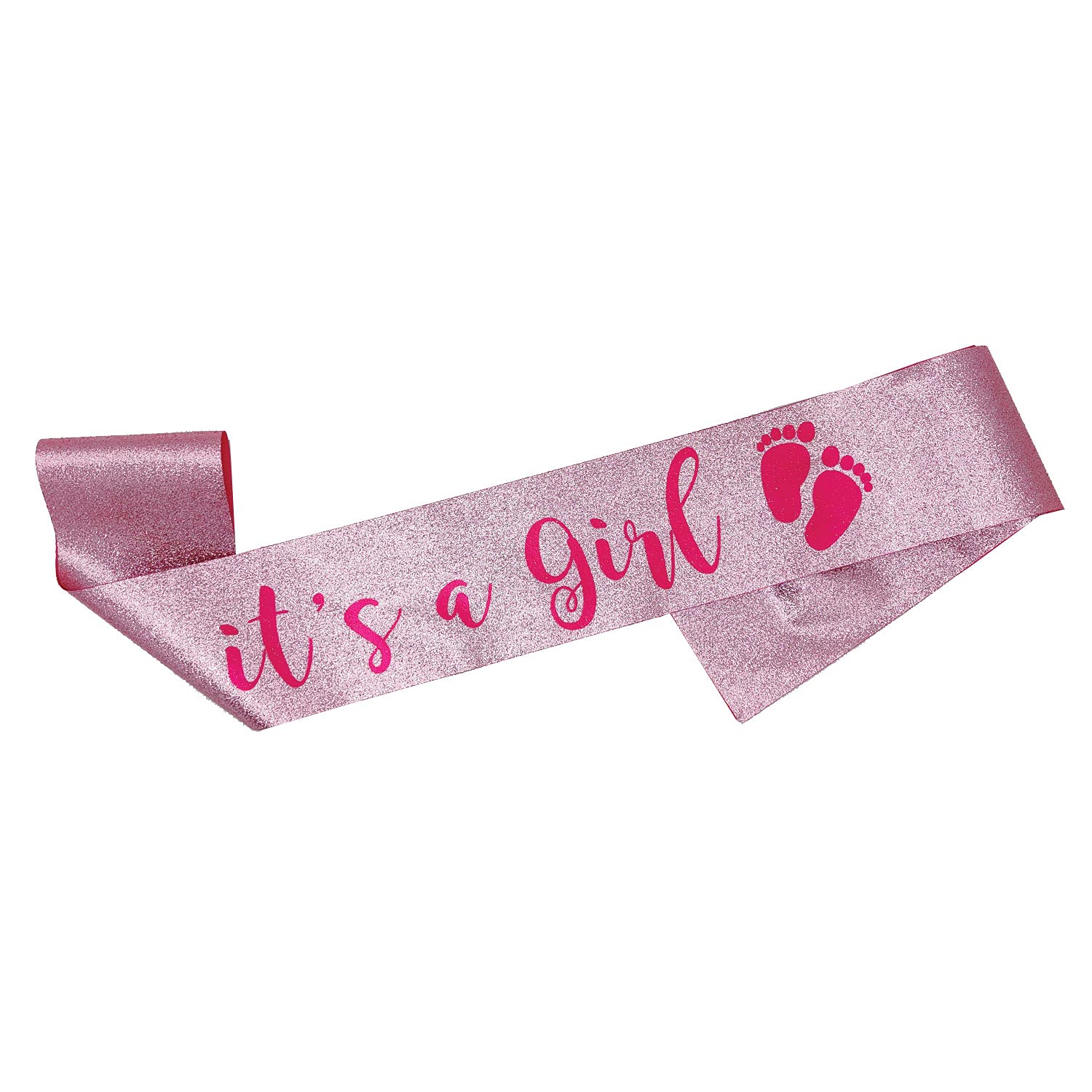OMISS pink glitter sash for It's a Girl baby shower with bump-friendly fit.