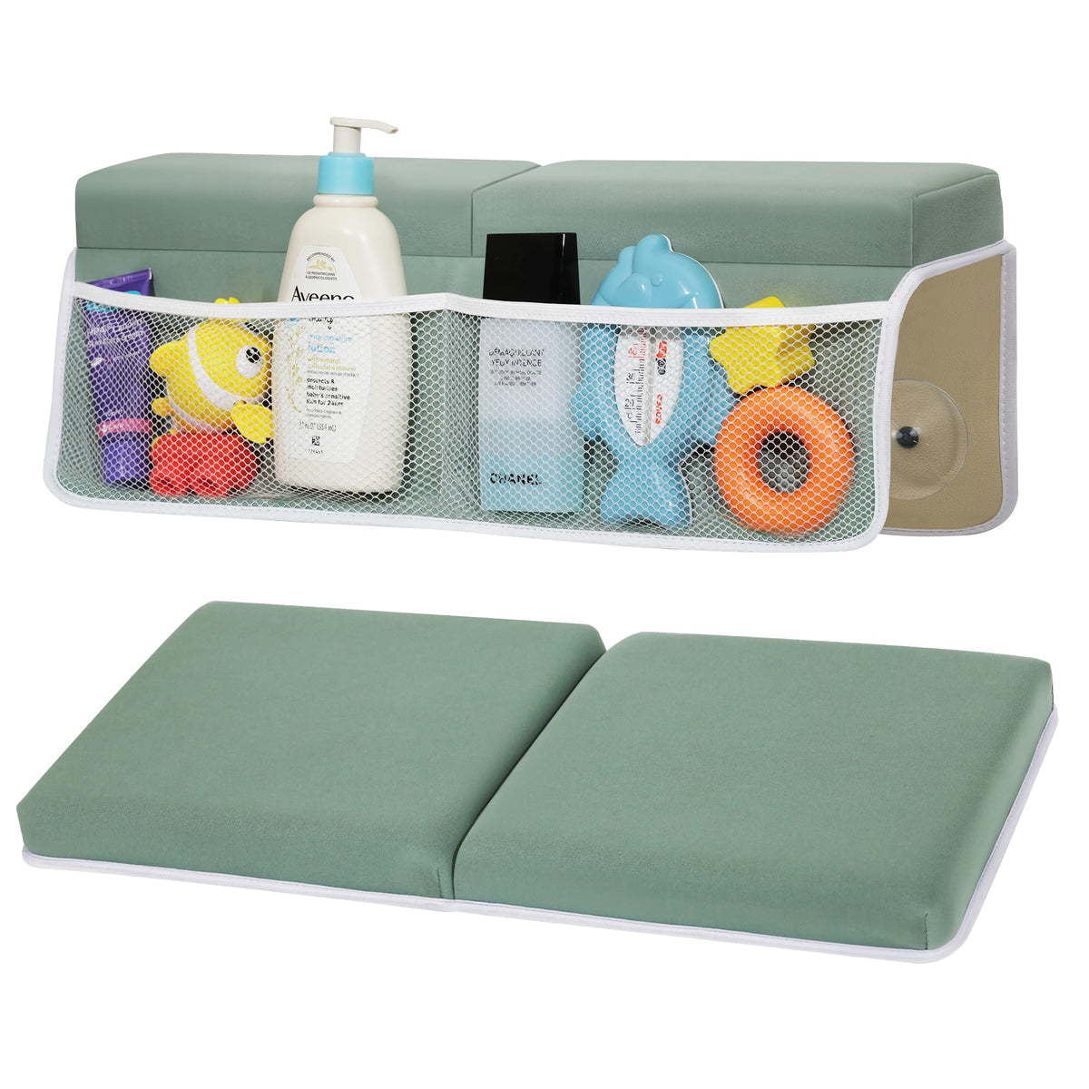 Omixe bath kneeler and elbow pad set assembled on tub edge for comfortable bath time.