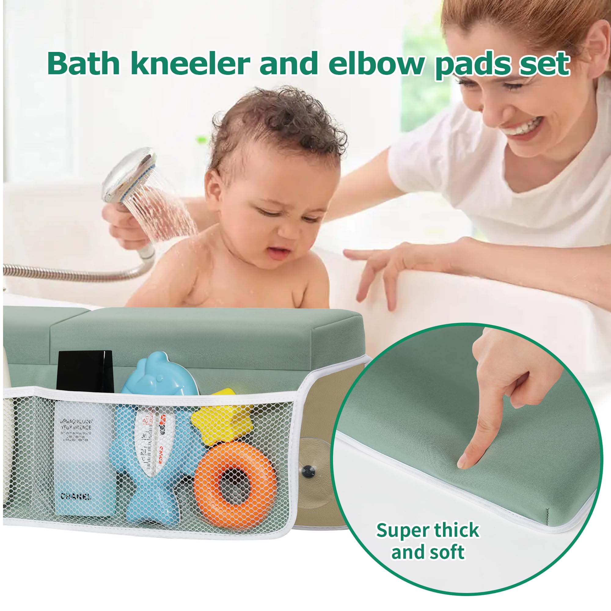 Omixe kneeler storage pockets visible for toys and bath essentials.
