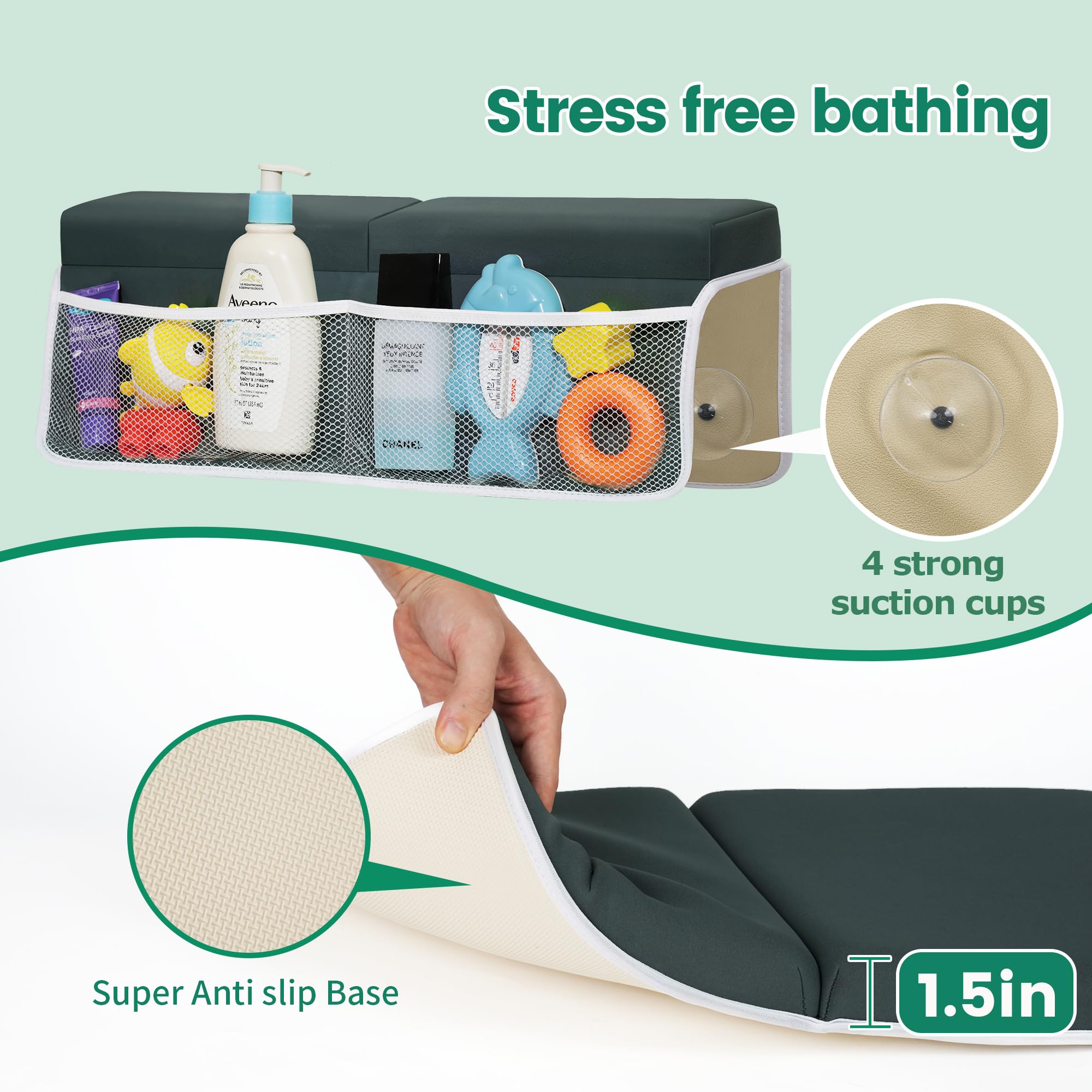 Secure base with Omixe suction cups for non-slip stability in tub.